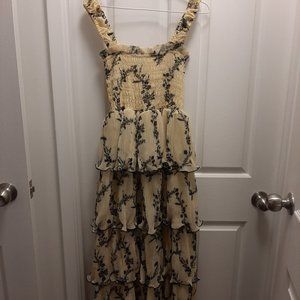 GANNI Smocked Tiered Print Midi Dress